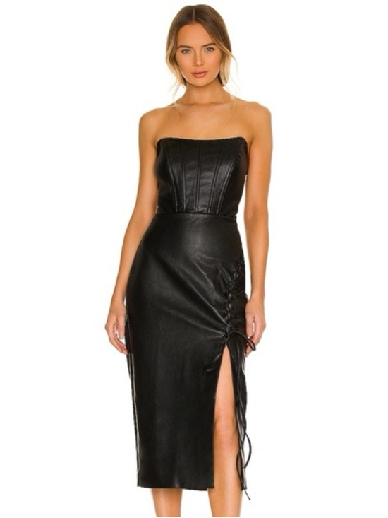 NBD Dresses & Skirts - NBD Black Strapless Faux Leather Corset Midi Dress with Side Lace-Up small NWT